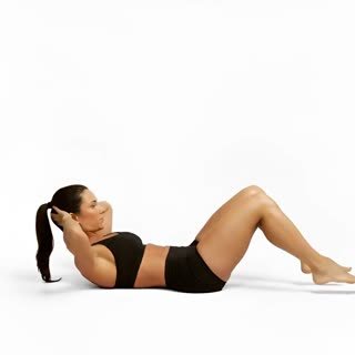 Exécution de l'exercice crunch tête genou, muscles sollicités : abdominaux / core, au poids du corps