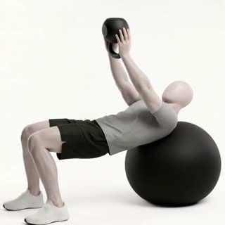 Exécution de l'exercice rotation obliques swiss ball kettlebell, muscles sollicités : abdominaux / core, avec kettlebell