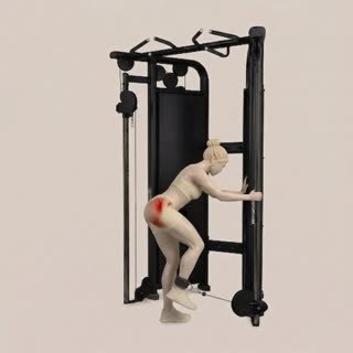 Exécution de l'exercice kickback à la poulie basse, muscles sollicités : jambes, avec poulies