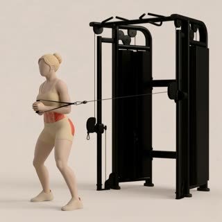 Exécution de l'exercice pallof press debout, muscles sollicités : abdominaux / core, avec poulies