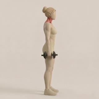 Exécution de l'exercice shrugs haltères, muscles sollicités : dos, avec halteres