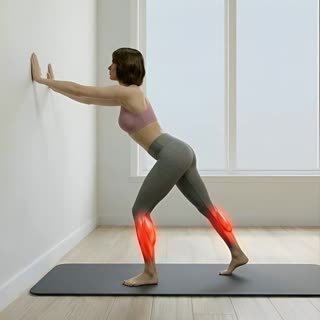 Exécution de l'exercice étirement mollet debout, muscles sollicités : mollets, au poids du corps
