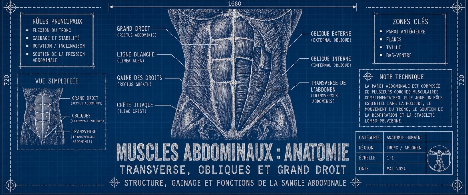 Muscles Abdominaux : transverse, obliques, grand droit - Anatomie